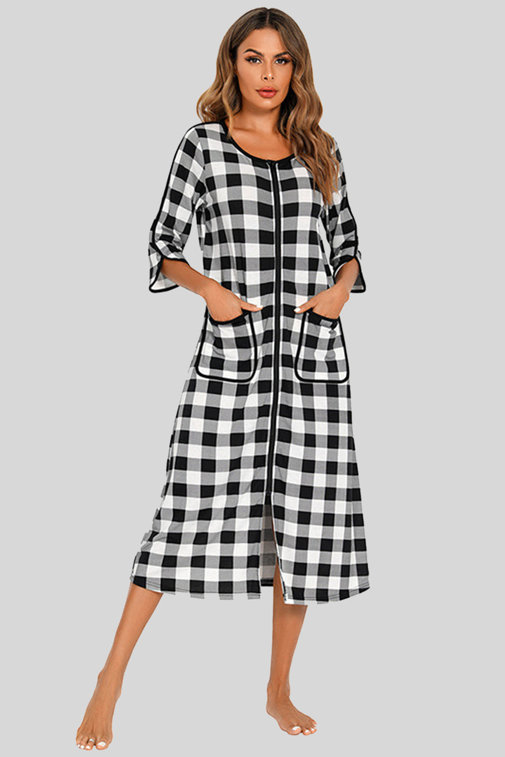 Round Neck Three-Quarter Sleeve Midi Night Dress