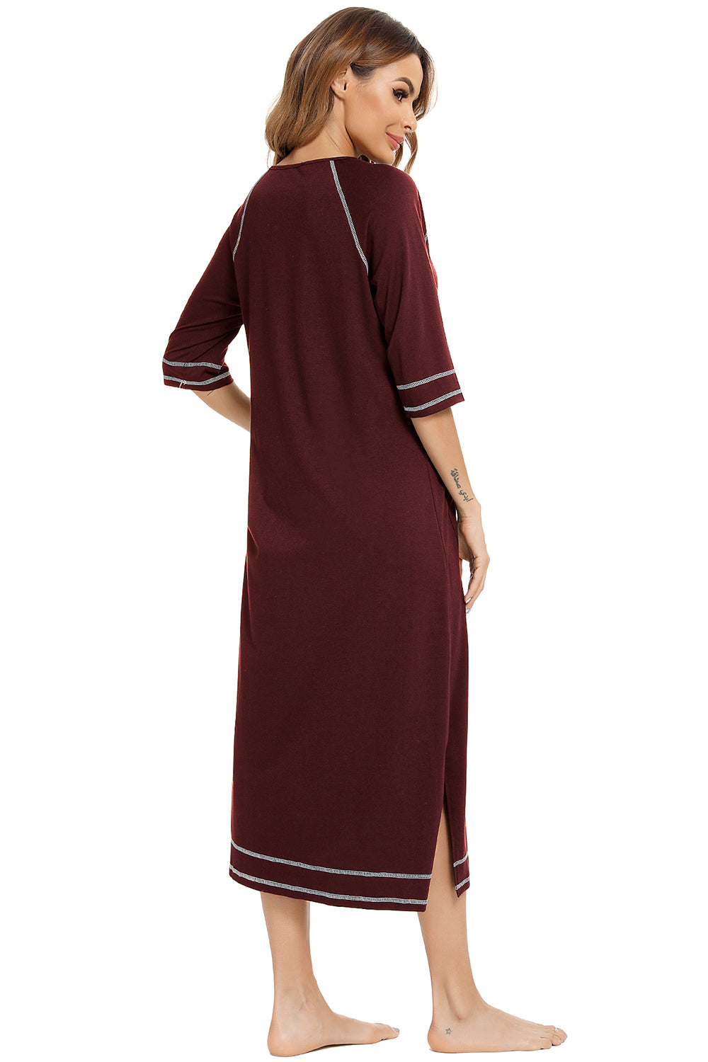 Zip Up Slit Round Neck Night Dress with Pockets