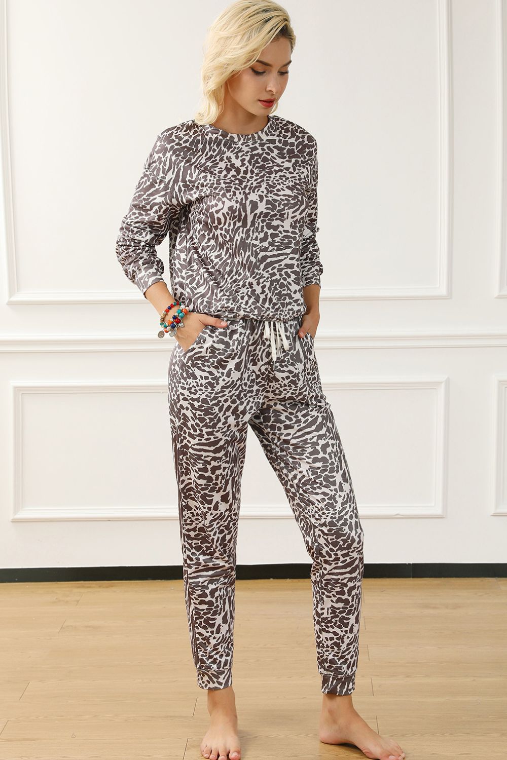 Leopard Round Neck Top and Drawstring Pants Lounge Set