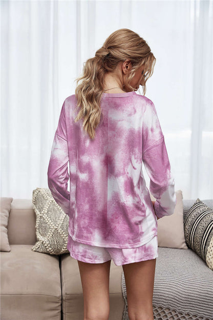 Tie-Dye Dropped Shoulder Top and Shorts Lounge Set