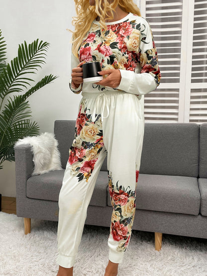 Printed Round Neck Top and Pants Lounge Set