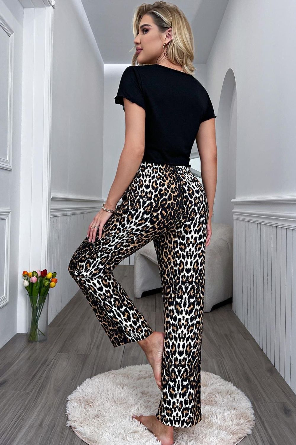 Lettuce Trim Cropped T-Shirt and Leopard Pants Lounge Set