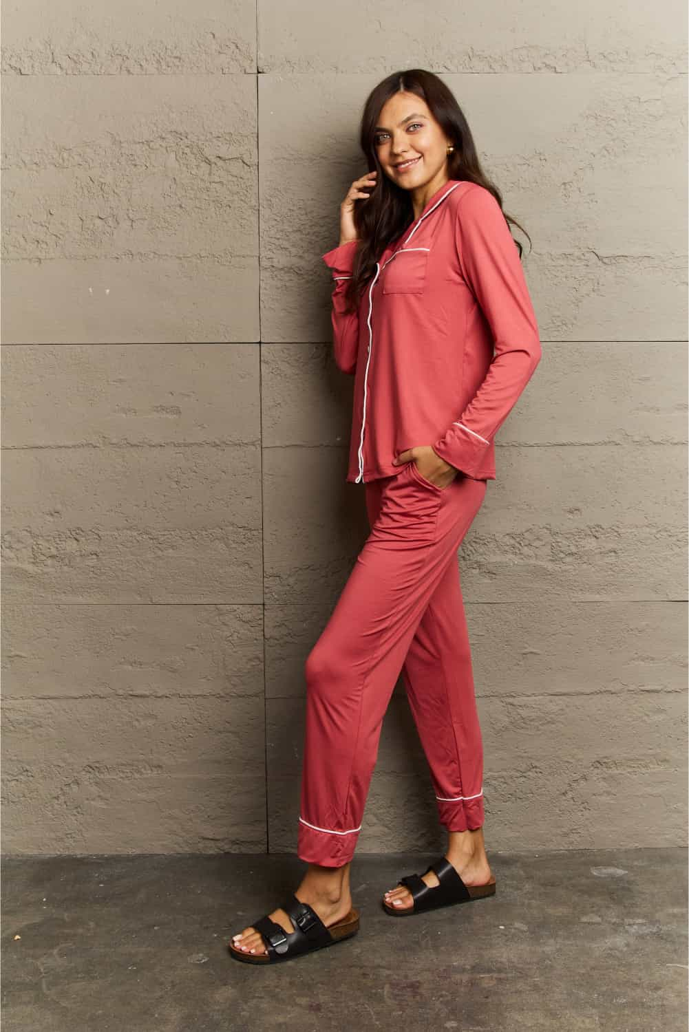 Ninexis Buttoned Collared Neck Top and Pants Pajama Set