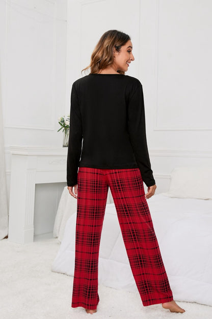 Round Neck Long Sleeve Top and Bow Plaid Pants Lounge Set