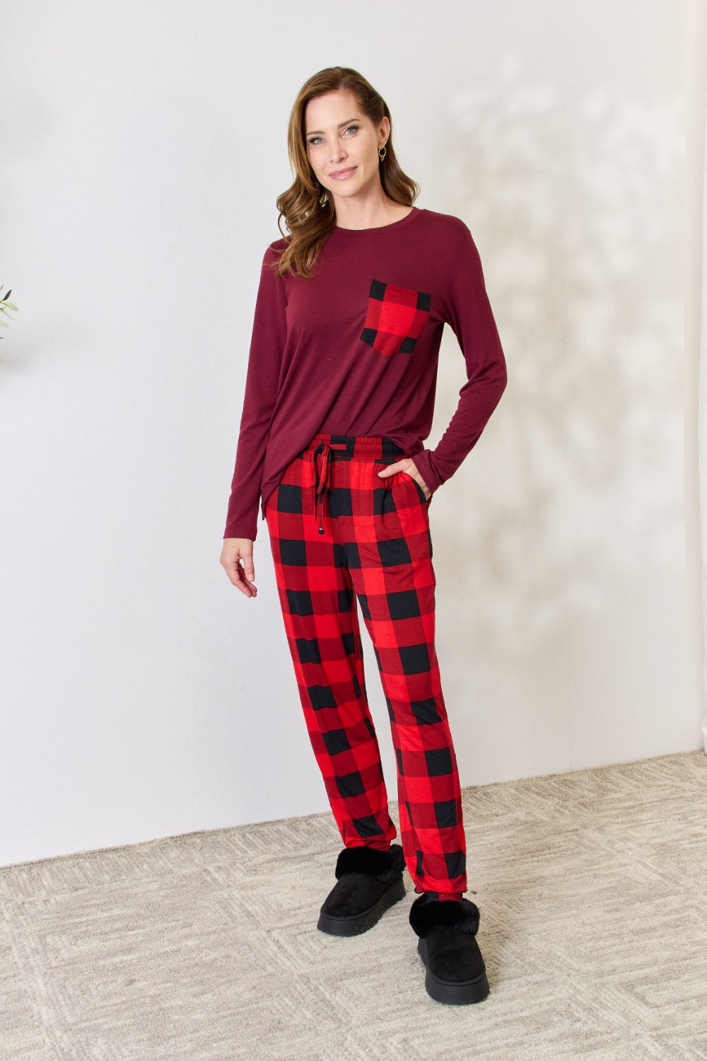 Zenana Full Size Plaid Round Neck Top and Pants Pajama Set