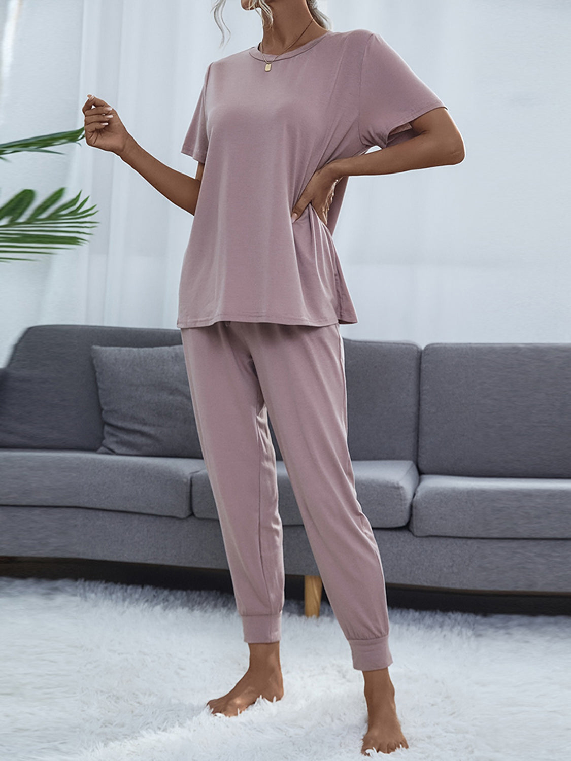 Round Neck Short Sleeve Top and Pants Set