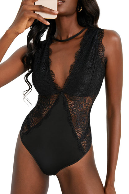 Lace Scalloped Trim Open Back Bodysuit