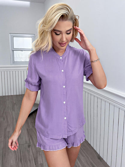 Flounce Sleeve Shirt and Frill Trim Shorts Lounge Set